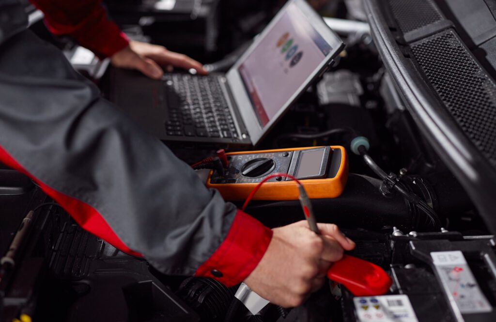 Full-system diagnostic scan running on a European automobile at European Automotors in Doral